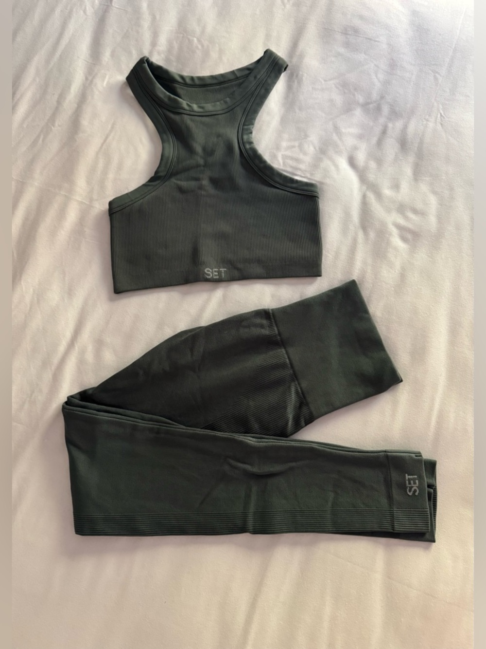 Set Active Olive Green Sculptflex Workout Yoga Sport Bra S and Leggings XS